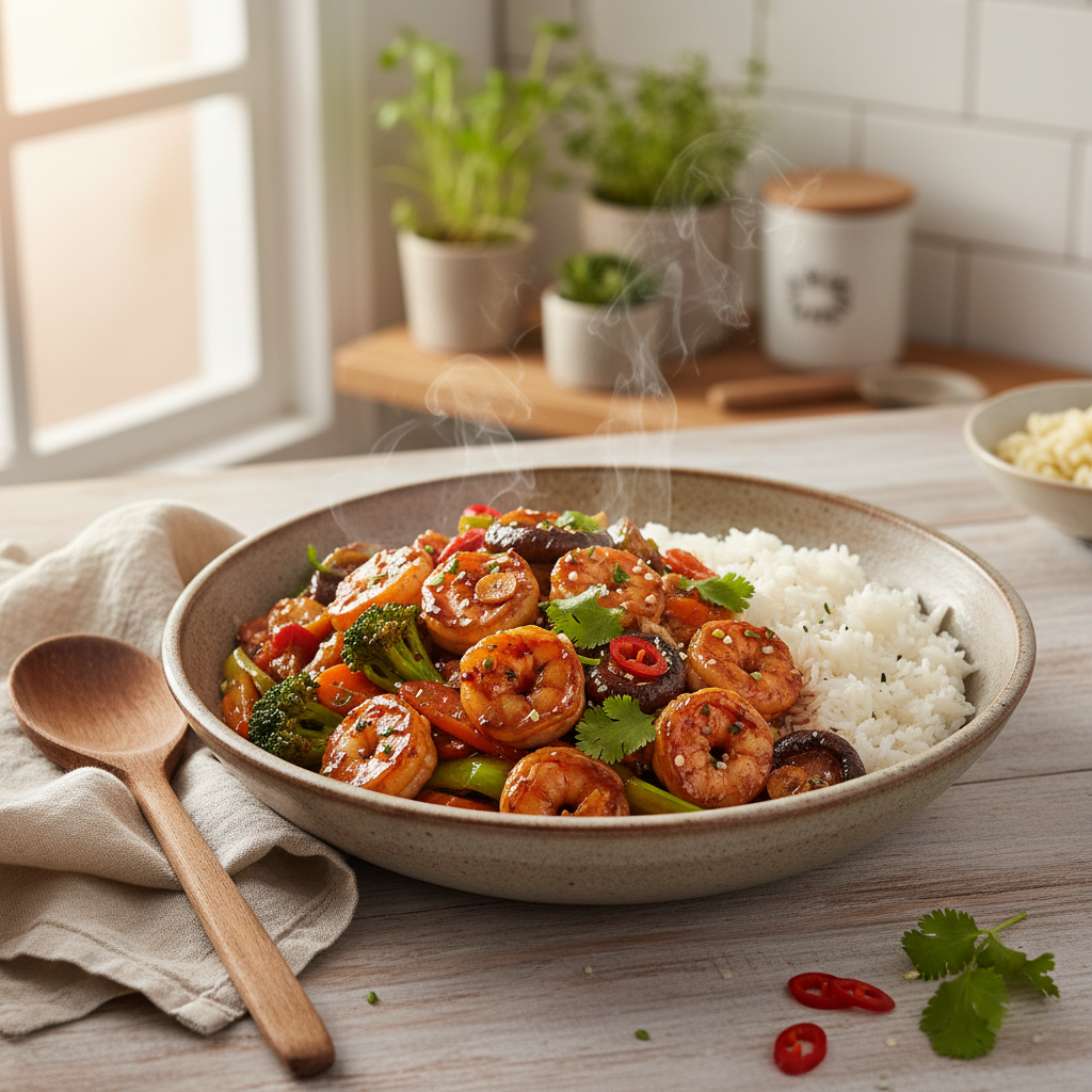 Aziatische Garnalenroerbak met Rijst