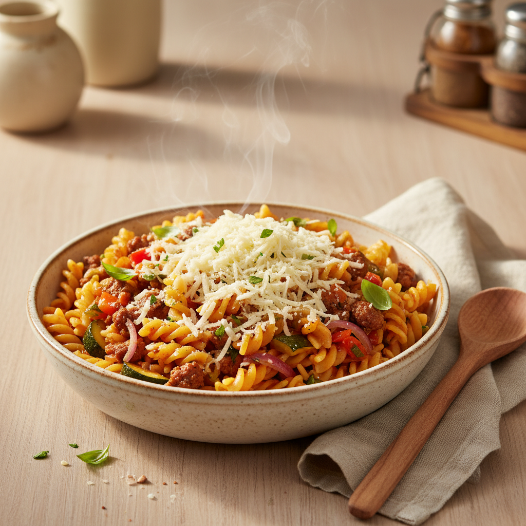 Italiaanse Pasta met Roerbakgroente en Geraspte Kaas